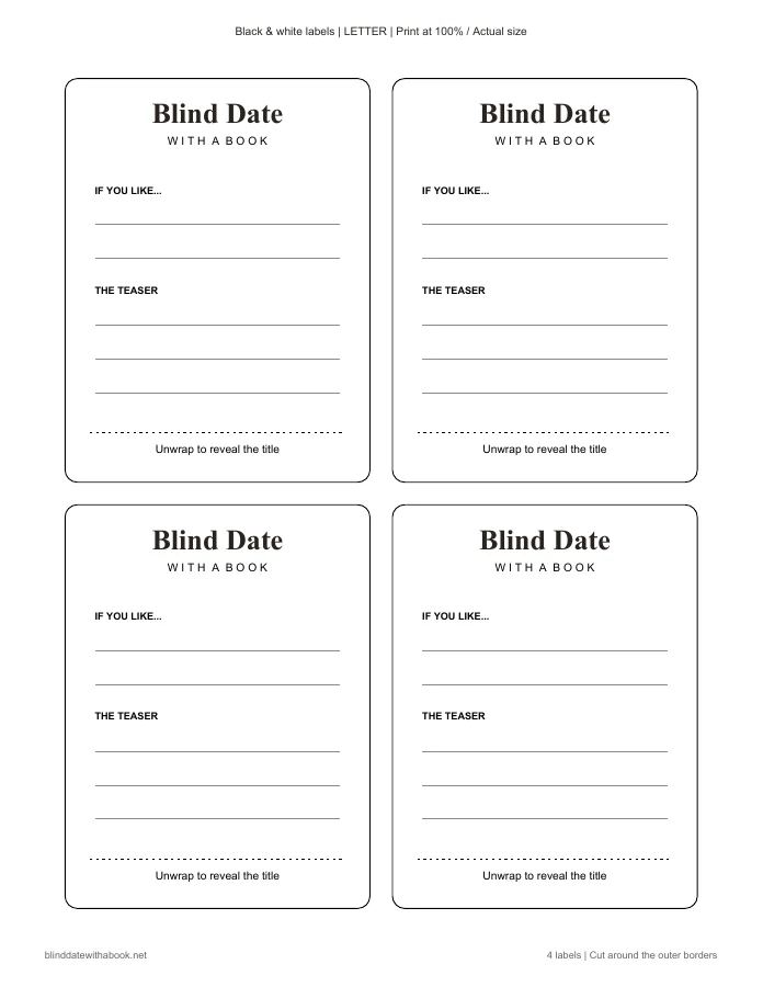 Black & white: four blank labels on a US Letter sheet